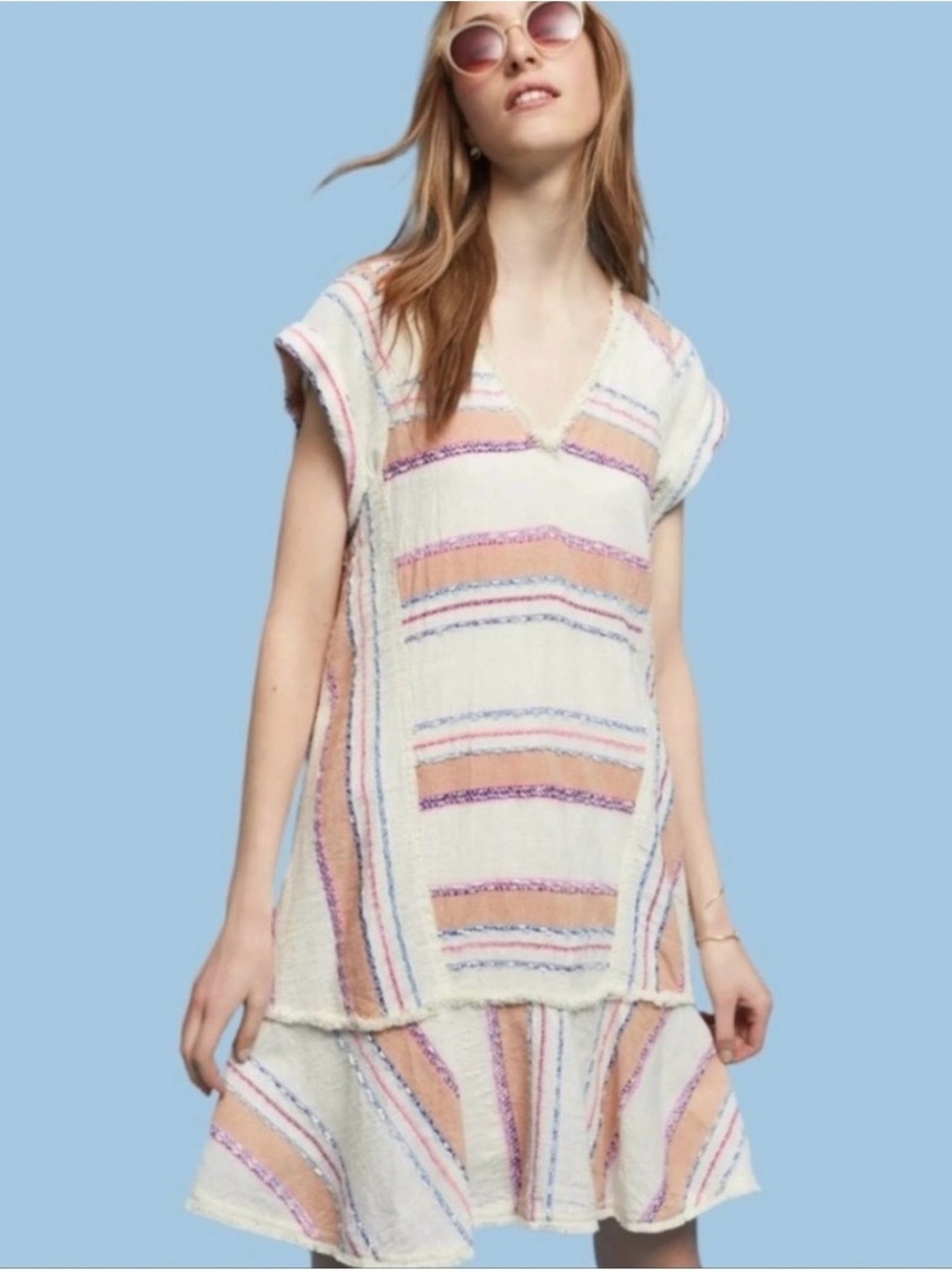 HOLDING HORSES By anthropologies Cream Tunic with Pastel Pink and Blue Stripes